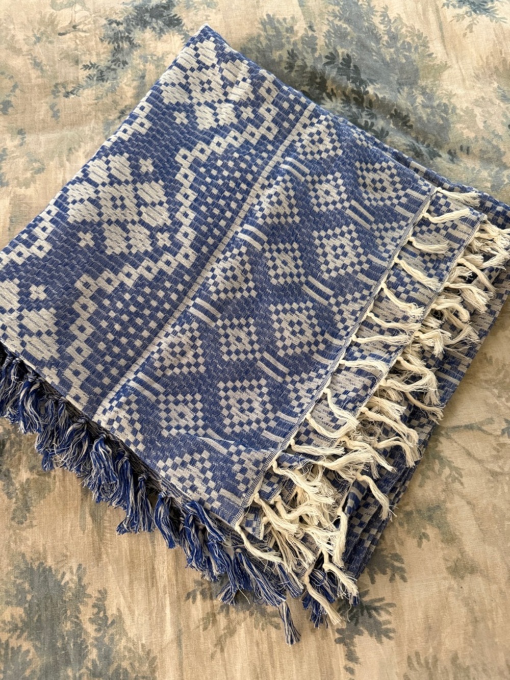 Madewell Blue and White Patterned Fringe Scarf